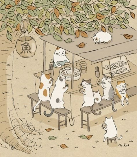 cats world. Cute Cat Illustration, Art Mignon, Image Chat, Japanese Cat, Art Japonais, Art Et Illustration, Cats Illustration, Art And Illustration, Cat Illustration