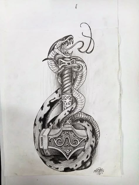 Mjolnir Tattoo Design, Thor Tattoo Design, Jormungandr Tattoo, Viking Sleeve, Mjolnir Tattoo, Norse Tattoos, Celtic Sleeve Tattoos, Viking Tattoos For Men, Thor Tattoo