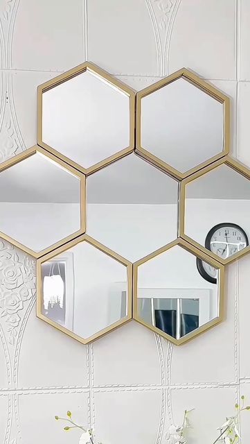 Octagon Mirror Wall Decor, Hexagon Wall Mirror Decor, Small Mirror Wall Decor Ideas, Pentagon Mirror Wall Decor, Small Mirror Wall Decor, Hexagon Hanging Mirror, Gold Octagon Mirror, Octagonal Mirror, Macrame Mirror Wall Hanging