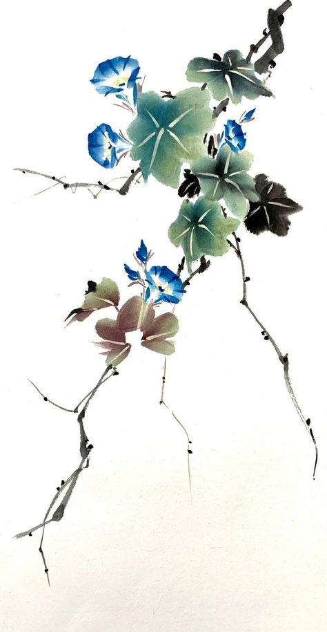 Original fine art painting by Albert K Libre (United States). This one-of-a-kind watercolor on paper painting measures 9W x 17.8 H inches. The floral painting ships in a tube directly from the artist's studio and is covered by the 14-day satisfaction guarantee from Saatchi Art, so you can buy with confidence. Japanese Floral Painting, Japanese Art Prints Flowers, Watercolor Vines, Chinese Watercolor Painting, Chinese Floral Painting, Traditional Chinese Watercolor Painting, Indigo Watercolor, Chinese Painting Flowers, Chinese Flower