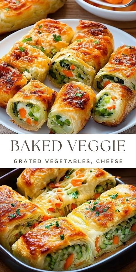 Cheesy Baked Vegetable Rolls Recipe Ingredients: For the Rolls: 1 zucchini, grated Salt to taste 1 carrot, grated 1 potato, grated #Veggie #Rolls Vegetable Rolls, Zucchini Roll, Vegetable Bake Recipes, Cabbage Recipes Healthy, Veggie Rolls, Baked Tilapia, Lunch Wraps, Baked Veggies, Sausage Rolls