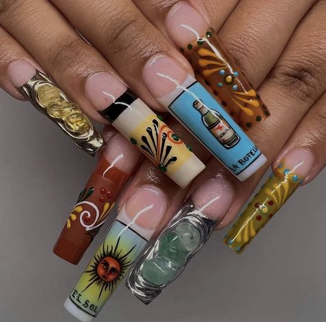 Centipede Nails, Hippy Nail Art, Lowrider Nails, Old School Nails, 90s Nails, Unique Acrylic Nails, Get Nails, Hot Nails, Dream Nails