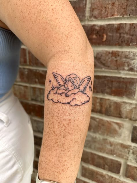 Cherub Cloud Tattoo, Cherub On Cloud Tattoo, Cherub Tattoo Designs, Angle Tattoo, Cloud Tattoo Design, Saturn Tattoo, Cherub Tattoo, Flash Ideas, Cloud Tattoo