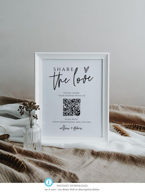 Qr Code For Wedding Photos, Photo Sign Wedding, Wedding Photo Sign, Love Qr Code, Wedding Qr Code, Modern Wedding Reception, Qr Code Wedding, Qr Code Sign, Photo Sign