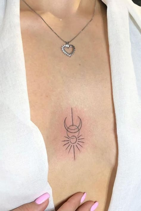 Minu Tattoo Ideas, Tattoo Ideas Female Middle Of Chest, Sun And Moon Chest Tattoo Female, Small Chest Tattoo Female Middle, Sun Chest Tattoo Female, Fine Line Sun And Moon Tattoo, Moon Chest Tattoo Female, Moon Tattoo Chest, Sun Moon Rising Tattoo