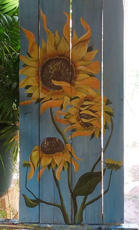 Painted Privacy Fence, Fences For Gardens, Painting Flowers On Wood, Painted Shovels, Porch Mural, Fence Art Ideas, Dragonfly Garden Art, Painted Garden Sheds, Railroad Spikes Crafts