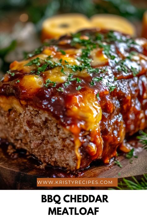 BBQ Cheddar Meatloaf – A classic comfort food made better with cheddar cheese and a smoky BBQ glaze! This meatloaf is tender, flavorful, and the perfect dinner for your family. #MeatloafRecipe #BBQ #CheddarCheese #ComfortFood #FamilyDinner Meatloaf Recipes Bbq Glaze, Turkey Meatloaf With Bbq Sauce, Loaded Meatloaf Recipes, Meatloaf Recipes No Breadcrumbs, Meatloaf Recipes With Bacon, No Ketchup Meatloaf, Jalapeño Meatloaf, Protein Meatloaf, Bbq Cheddar Meatloaf