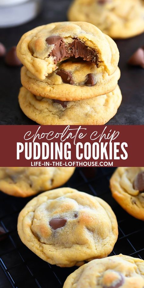 Chocolate Chip Pudding Cookies are delicious, soft chocolate chip cookies made with vanilla pudding mix. Life-in-the-Lofthouse.com Cookie Recipe With Pudding, Cookies Made With Pudding, Chocolate Chip Cookie Recipe With Pudding, Easy Homemade Chocolate Chip Cookies, Life In The Lofthouse Recipes, Recipe With Pudding, Xmas Sugar Cookies, Bisquick Chocolate Chip Cookies, Fluffy Chocolate Chip Cookies