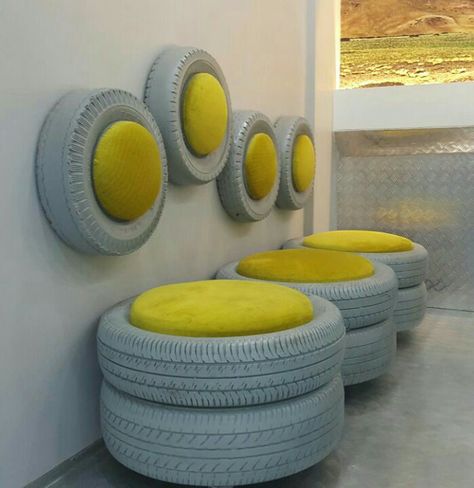 Car Tire Ideas, Tyre Furniture Ideas, Tyre Furniture, Bike Repair Shop, Workshop Cafe, Tire Ideas, Landscape Sculpture, Studio Garage, Car Parts Decor