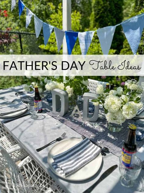 Easy Father’s Day Table Setting Ideas: Fathers day table ideas that are simple, and masculine, and inspired by men’s wear with DIY bunting. For this year’s Father’s Day we set a beautiful outdoor dining table, and today we’re sharing all our best Father’s day decoration ideas.  These Fathers Day table ideas are perfect for a... The post Easy Father’s Day Table Setting Ideas appeared first on Life is a Party. Father’s Day Brunch Decor, Father’s Day Table Scapes, Father's Day Table Decor Ideas, Fathers Day Party Ideas Decoration, Father’s Day Decoration Idea, Fathers Day Decorations Party, Father’s Day Party Ideas, Fathers Day Decor, Fathers Day Decorations