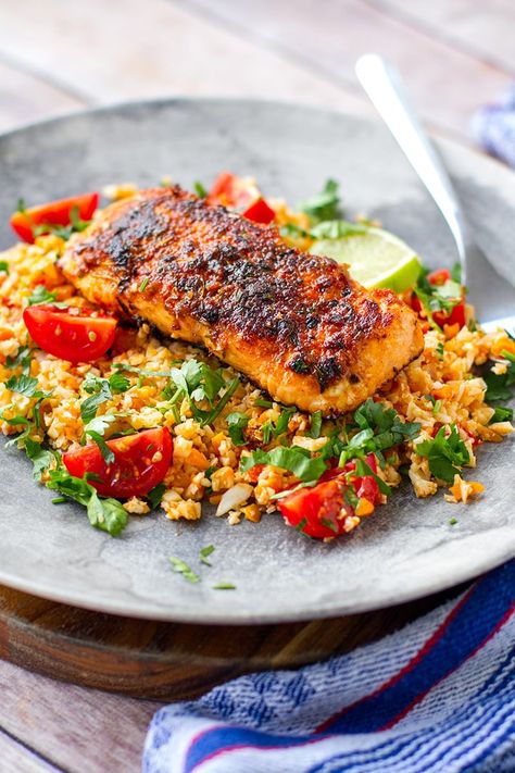 Cajun salmon with honey lime glaze & tomato cauliflower rice - Paleo, gluten-free, low-carb, healthy #salmon #cajun #paleo #glutenfree #dinner #fish #fishrecipes Salmon With Honey, Savory Salmon, Lime Glaze, Cauliflower Rice Recipe, Cajun Salmon, Dinner Planning, Keto Salmon, Seafood Rice, Honey Salmon