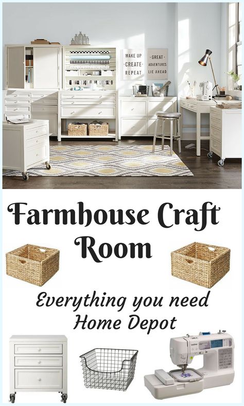 Make room for your imagination. From sewing to scrapbooking and every craft in-between, HomeDepot has the craft and storage furniture you need to tackle projects of every type. #ad #farmhouse #organized #storage Farmhouse Craft Room Ideas, Sewing Room Inspiration Farmhouse, Ikea Sewing Rooms Farmhouse, Closet Craft Storage Farmhouse, Farmhouse Craft Room, White Craft Room, Sewing Room Signs Diy, Miniature Sewing Room How To Make, Basement Craft Rooms