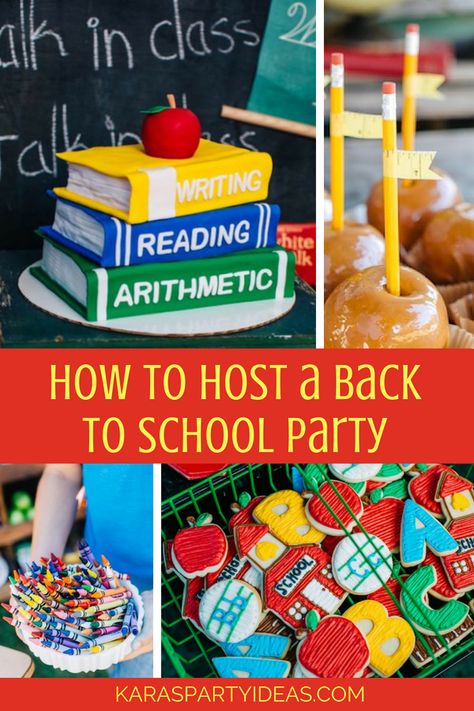 How to Host a Back to School Party via Kara's Party Ideas - KarasPartyIdeas.com Back To School Decorations Party, Back To School Bunco Theme, Back To School Bash Games, New Teacher Party Ideas, Back To School Themed Party, Back To School Food Party, Back To School Party Activities, Back To School Bash Activities, Back To School Party Ideas Decorations