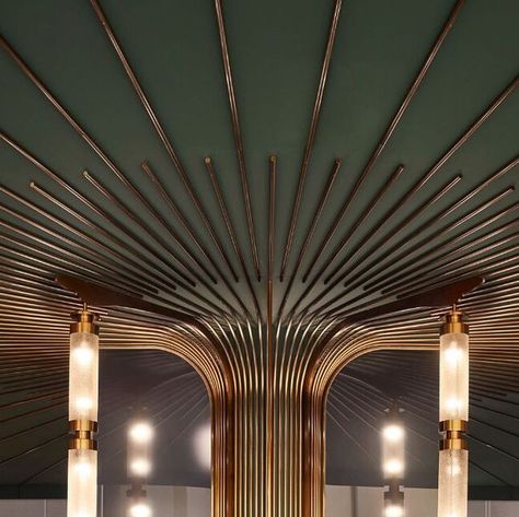 Art Deco Restaurant Lighting, Art Deco Lights Ceiling, Art Deco Interior Restaurant, Art Deco Cafe Interior, Mystical Interior Design, Art Deco Details, Art Deco Restaurant Interior, Art Deco Hotel Interior, Brass Architecture