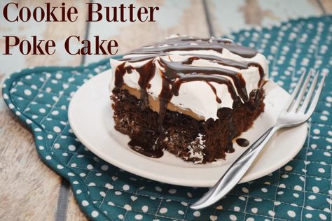 Are you addicted to cookie butter? My family will devour a jar if I don't hide it. Check out this deliciously easy Cookie Butter Poke Cake! Biscoff Recipes, Poke Cakes, Cookie Butter, Poke Cake, Healthy Sweets Recipes, Butter Cake, Easy Cookies, Healthy Sweets, Sweets Recipes