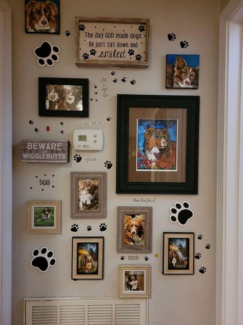 Dogs Space In House, Dog Room Wall Decor, Cute Dog Area In House, Pet Gallery Wall, Dog Friendly Living Room, Dog Things For The Home, Dog Photo Wall, Dog Areas In House, Pet Room Ideas