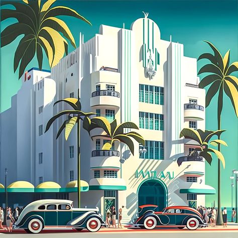 With its bold use of color and geometric shapes, this piece captures the essence of Art Deco Miami. The sleek lines and clean design evoke a feeling of modernity and sophistication, while the bright colors create a sense of playfulness and joy. This is a digital file, not a print. Art Deco Exterior Design, Art Deco Concept Art, Miami Art Deco Aesthetic, Art Deco Buildings Architecture, Art Deco Miami, Miami Architecture, Art Deco City, Miami Posters, Art Deco Drawing