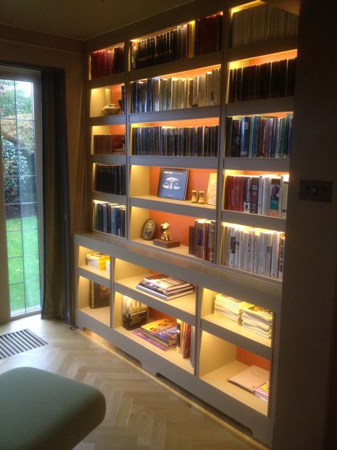 Concealed Lighting Ideas, Bookshelves With Led Lights, Led Lights Bookshelves, Led Bookshelf Lighting, Hamptons Bookcase, Bookshelf Lighting Ideas, Bookshelves Lighting, Fitted Bookcase, Modern Bookcase Design