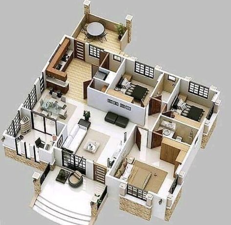 House designs. - Amazing 🔥 Floor Plan With Furniture, Small House Blueprints, House Design Plans, Three Bedroom House Plan, 3d Floor Plan, House Outer Design, Three Bedroom House, House Floor Design, Building House Plans Designs