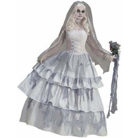 Victorian Ghost Bride Adult Womens Costume – Spirit Halloween ($70) ❤ liked on Polyvore featuring costumes, ladies halloween costumes, victorian costume, ghost halloween costume, womens ghost costume and adult women costumes Ghost Bride Costume, Modest Halloween Costumes, Victorian Ghost, Halloween Bride Costumes, Victorian Bride, Party City Costumes, Ghost Bride, Zombie Bride, Grey Wedding Dress