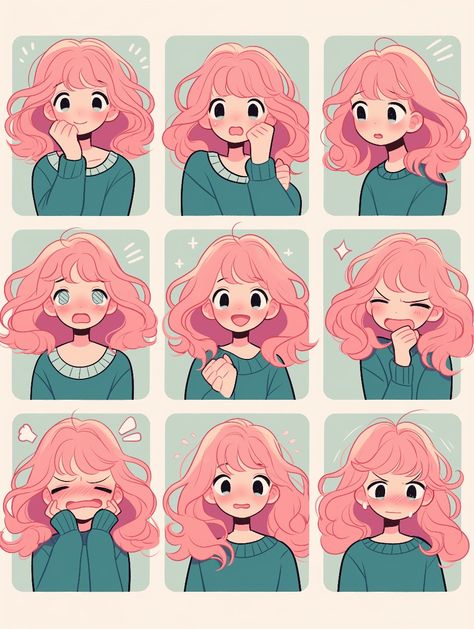 Chibi Writing Pose, Kawaii Person Drawing, Cartoon Hairstyles Female, Turn Around Reference, Chibi Art Style Hair, Chibi Hair Reference, Pose Reference For Art, Cartoon Girl Hair, Kawaii People