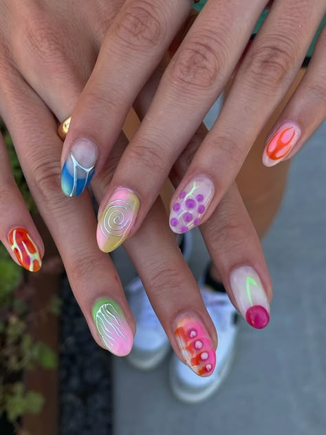 Summer nails, nail inspo, nail trends, 3d nails, nail art, fashion, aesthetic, trendy, nails of Pinterest, cute nails, fun nails, funky nails, nails, bright nails nail design Funky Tips Nails, Funky Nail Ideas Fun, Cute Funky Nails Almond, Funky Spring Nails, Dopamine Nails, Short Funky Nail Designs, Short Maximalist Nails, Cute Funky Nails, Disco Nails