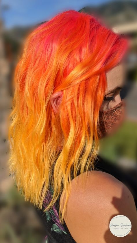 Hair Color Ideas Bright, Orange Hair Color Ideas, Yellow Hair Dye, Orange Hair Color, Orange Hair Dye, Pink And Orange Hair, Yellow Hair Color, Hair Rainbow, Sunset Hair