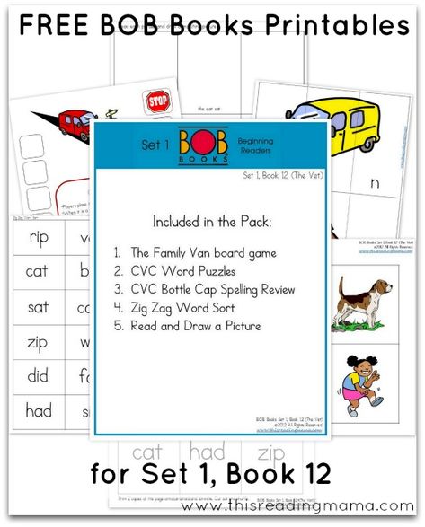 FREE Set 1 BOB Books Printables - This Reading Mama Bob Books Set 1, Reading Preschool, Book Printables, Bob Books, Alphabet Phonics, English Phonics, Phonics Words, Pre K Activities, Word Sorts