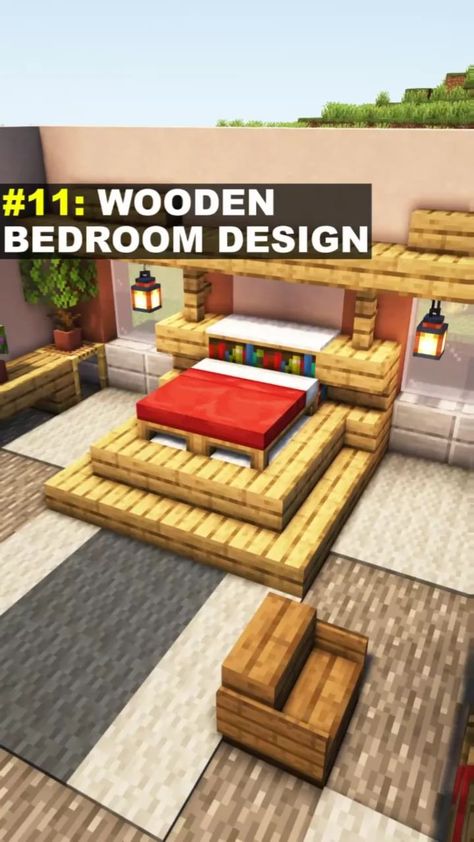 Minecraft Cool Ideas Survival, Minecraft Building Ideas Bedroom, Wooden Bedroom Design, Minecraft Bed Ideas, Minecraft Bedding, Crafting Area, Minecraft Bed, Case Minecraft, Storage Corner