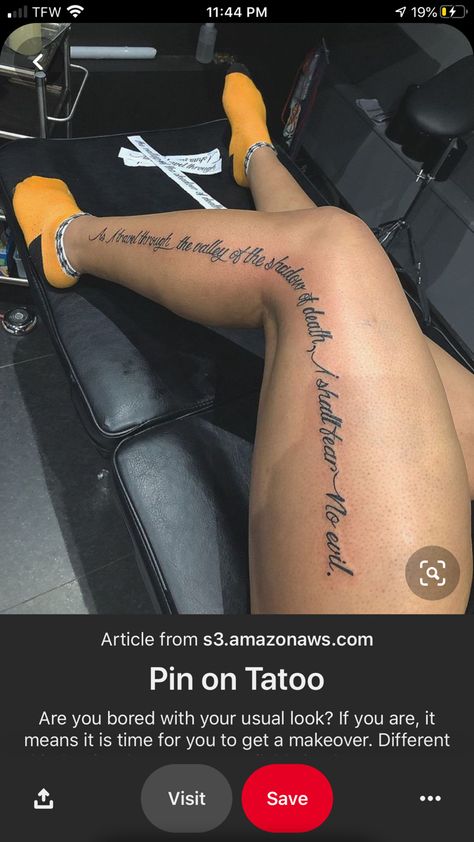 Leg Quote Tattoo, Word Tattoo Designs, Side Leg Tattoo, Thigh Tattoo Quotes, Back Of Leg Tattoos, Cute Thigh Tattoos, Lower Leg Tattoos, Girl Neck Tattoos, Word Tattoo