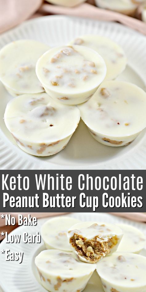 Keto White Chocolate No Bake Cookies - Stylish Cravings White Chocolate No Bake Cookies, Keto White Chocolate, Chocolate No Bake, Dolce Poche Calorie, White Chocolate Peanut Butter, Chocolate No Bake Cookies, Easy Low Carb Snacks, Cup Cookies, Peanut Butter Cup Cookies