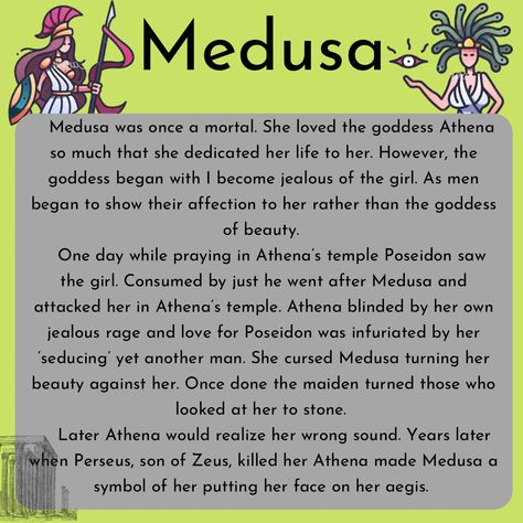 Medusa History Greek Mythology, Medusa Cheat Sheet, Medusa Story Mythology, The Story Of Medusa, Medusa Meaning Greek Mythology, Medusa History, Medusa Offerings, Medusa Symbolism, Medusa Worship