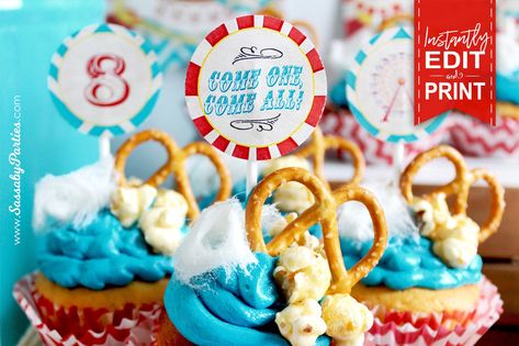 Carnival Engagement Party, Carnival Theme Cupcakes, Adult Carnival Birthday Party, Carnival Desserts, Carnival Cupcake Toppers, Cardboard Carnival, Carnival Fundraiser, 1sr Birthday, Printable Birthday Decorations