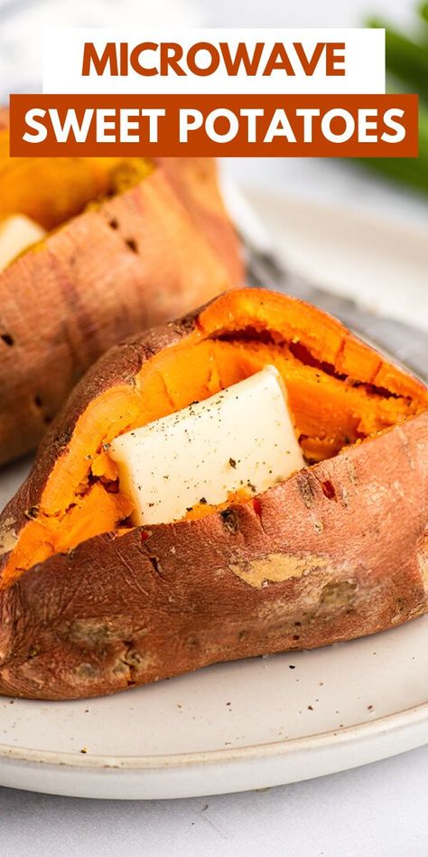 How to make a microwave sweet potato. This is the quickest, easiest way to cook sweet potatoes at home for an easy side dish or as part of your main dish. Microwave Sweet Potatoes, Sweet Potatoes In The Microwave, Microwave A Sweet Potato, Baking Mischief, Microwave Vegetables, Rv Meals, 5 Minute Recipe, Microwave Sweet Potato, Easy Microwave Recipes