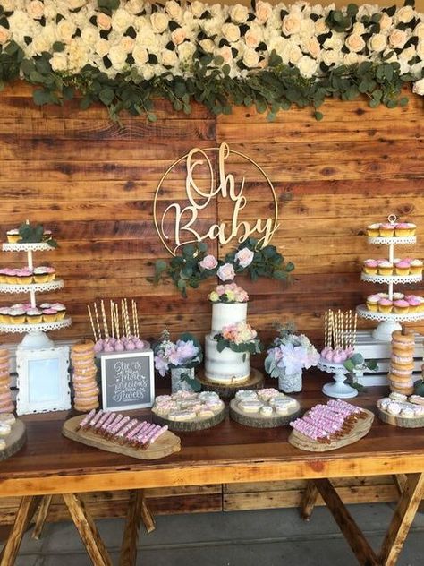 Dessert Table Baby Shower Girl, Baby Shower Cake Table Ideas, Boho Baby Shower Dessert Table, Baby In Bloom Dessert Table, Baby Shower Dessert Table Ideas, Baby Shower Snack Table, Baby Shower Buffet Table, Baby Shower Sweets Table, Baby Shower Table Set Up