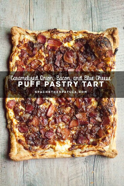 Caramelized Onion, Bacon, and Blue Cheese Puff Pastry Tart | Spache the Spatula Blue Cheese Puff Pastry, Easy Puff Pastry Appetizers, Blue Cheese Tart, Puff Pastry Appetizers, Pastry Appetizer, Easy Puff, Cheese Puff, Onion Tart, Cheese Puff Pastry