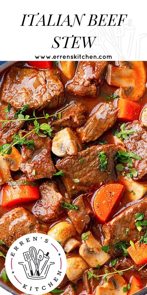 This savory Italian Beef Stew recipe makes a delicious, satisfying stew with a rich tomato gravy and meat that just melts in your mouth! Heart Healthy Beef Stew, Beef Stew With Tomato Sauce, Braised Stew Meat Recipes, Italian Stew Recipes, Italian Beef Soup Recipes, Italian Beef Stew Recipes, Veal Stew Meat Recipes, Tomato Stew Recipes, Stew Beef Recipes For Dinner