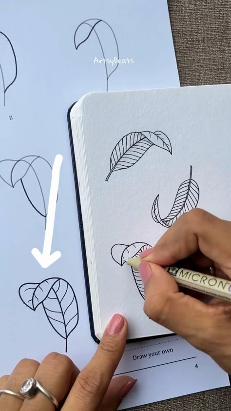 Video tutorial to draw curved leaves doodle art by artsybeats on Instagram 📌 Save for latter Basic Leaf Drawing, Leaf Doodles Simple, Beautiful Leaves Drawing, Different Leaf Drawings, Line Drawings Of Flowers Simple, Spring Leaves Drawing, Step By Step Botanical Drawing, Doodle Leaves Leaf Design, Leaf Shapes Drawing