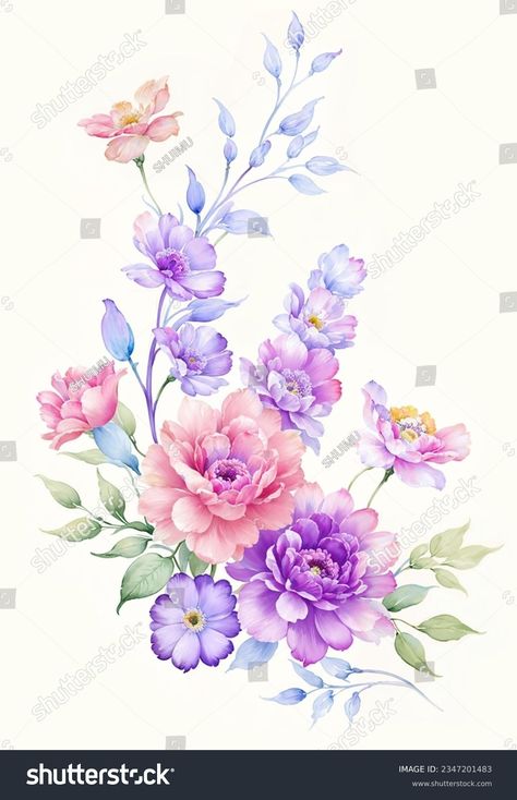 Flowers Watercolor Illustrationmanual Composition Set Watercolor Stock Illustration 2347201483 | Shutterstock Flower Hd, Shutter Stock, Flowers Watercolor, Channel Art, Color Palette Generator, Watercolor Flower, Holiday Illustrations, Botanical Flowers, Collage Maker