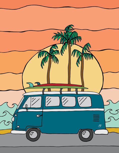 Hippy Van Painting, Volkswagon Van Drawing, Combi Van Drawing, Vw Bus Painting Canvas, Van Art Drawing, Beach Van Drawing, Drawing Ideas Summer Vibes, Van Painting Ideas, Volkswagen Bus Painting