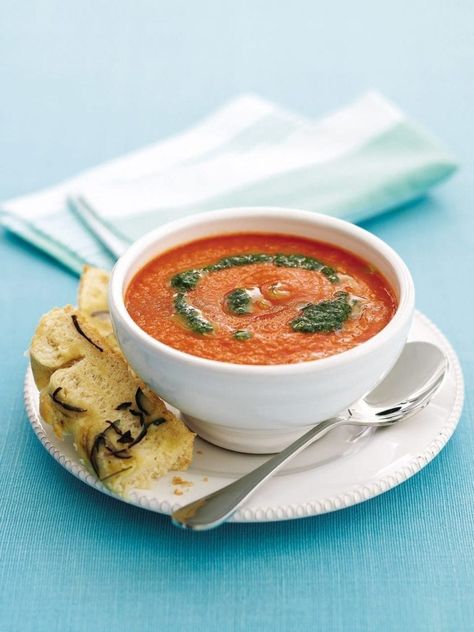 Fresh tomato soup with basil oil Recipe Using Tomatoes, Soup With Basil, Fresh Tomato Soup, Tomato Puree, Vegetarian Soup Recipes, Basil Oil, Delicious Magazine, Tomato Soup Recipes, Vegetable Puree