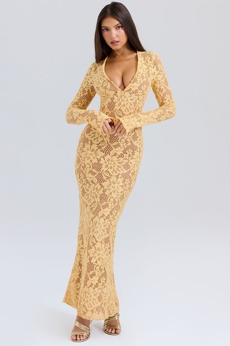 House of CB | Womenswear designed in London. Girls Dinner, Yellow Long Sleeve Dress, Eve Dresses, Bandage Dress Bodycon, Romantic Dinner, Puff Sleeve Dresses, House Of Cb, Lace Maxi, Formal Style