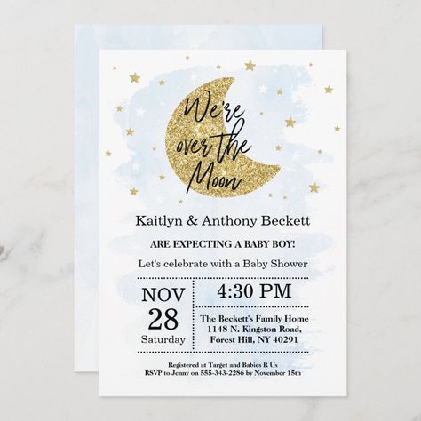 Over The Moon Theme, Baby Shower Over The Moon, Stars Watercolor, Baby Shower Invites Neutral, Baby Girl Shower Invitations, Baby Boy Shower Invitations, Boy Shower Invitations, Moon Baby Shower, Watercolor Baby Shower