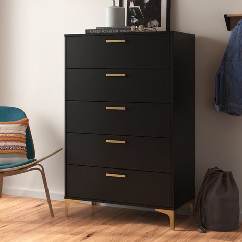 Willa Arlo Interiors Ealing Black and Gold 5-Drawer Rectangular Chest & Reviews | Wayfair Dove Tail Joints, Bedroom Furniture Dresser, Bedroom Dressers, Dressers And Chests, Large Drawers, Dresser With Mirror, Floor Space, Chest Of Drawers, Black And Gold