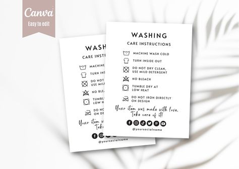 Editable Washing Instructions Canva Template, Minimal Printable Apparel Insert Card, Modern Washing Instructions, Clothing Care Template Google Doc Templates, About Me Template, Colors Background, Social Icons, Logo Text, Attention Please, Clothing Tags, Care Card, Social Media Icons