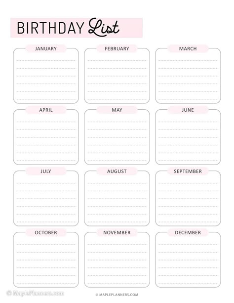 Free Printable Birthday List Template Birthday Tracker Template, Birthday List Template Free Printable, Cute To Do List Template Free Printable, Free Printable List Templates, Printable Lists Free, Birthday Tracker Printable Free, Cute List Template, Planning Templates Printable, Printable List Templates