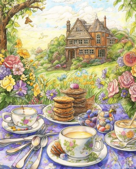 Tea Party in English Countryside Anime House, Elf Art, Fancy Art, English Cottage Garden, Vintage Tea Party, Open Sky, Tea Party Garden, Vintage Teacups, Tea Art