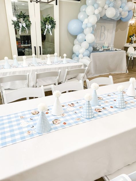 Gingham Party Decor, Light Blue And White Birthday Theme, Gingham Cake, Blue And White Birthday Theme, Gingham Birthday Party, First Birthday Banner, Blue Gingham Cake Birthday, Classic First Birthday Boy, Blue First Birthday Party