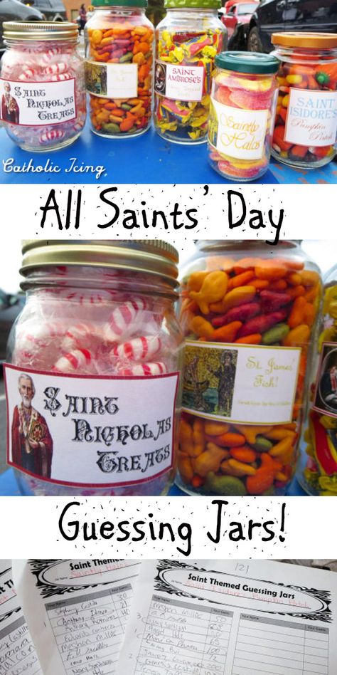 All Saints Day Snack Ideas, All Saints Day Party Ideas, All Saints Party Ideas, Jar Guessing Game Ideas, All Saints Party, All Saints Day Crafts, All Saints Day Activities For Kids, Guessing Jar Ideas, All Saints Day Pumpkins