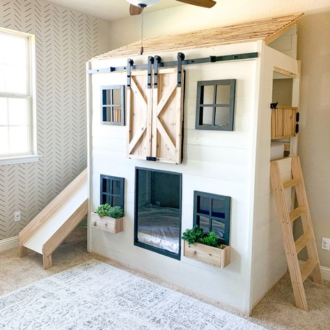 Bunk Bed Room Ideas, Farmhouse Bunk Beds, Allison Anderson, Bed Ideas For Small Rooms, Bunk Bed Decor, Bunk Bed Shelf, Bunk Beds Small Room, Bunk Bed Plan, Cabin Bunk Beds